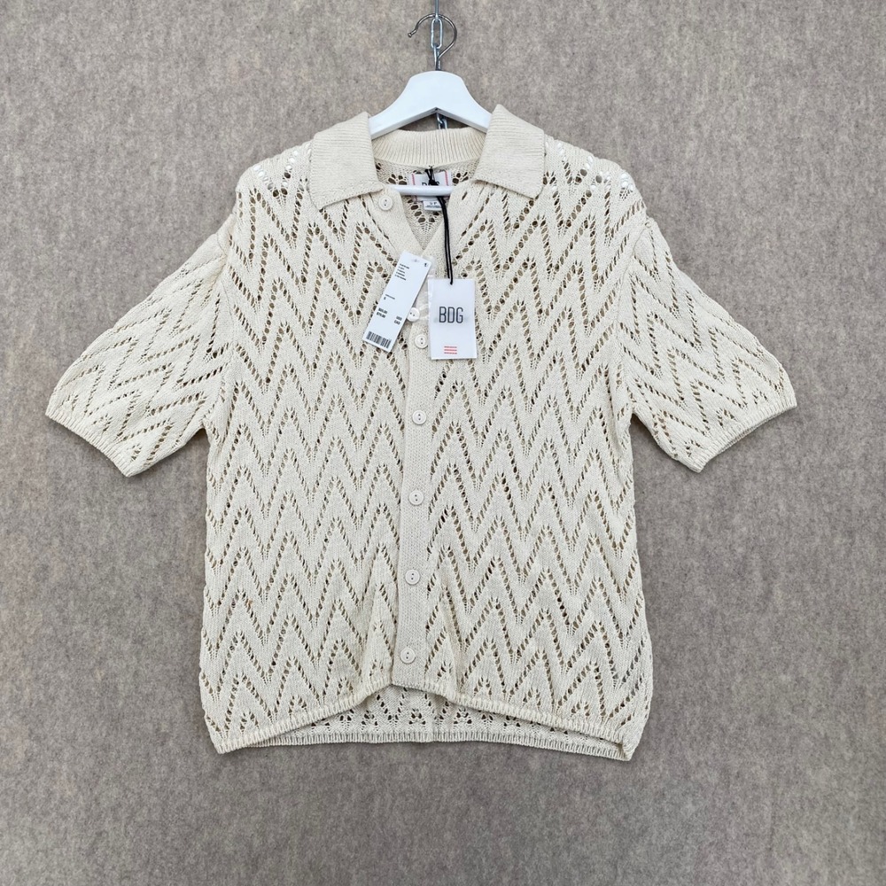 BDG Ivory Pointelle Chevron Knit Short Sleeve Button Down Polo Sweater Small